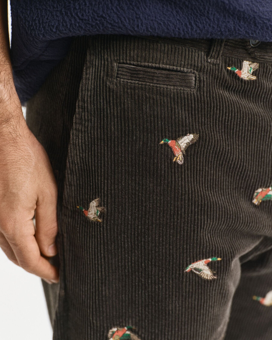 pantaloni din catifea reiată cu croială dreaptă brodați - verde mușchi închis