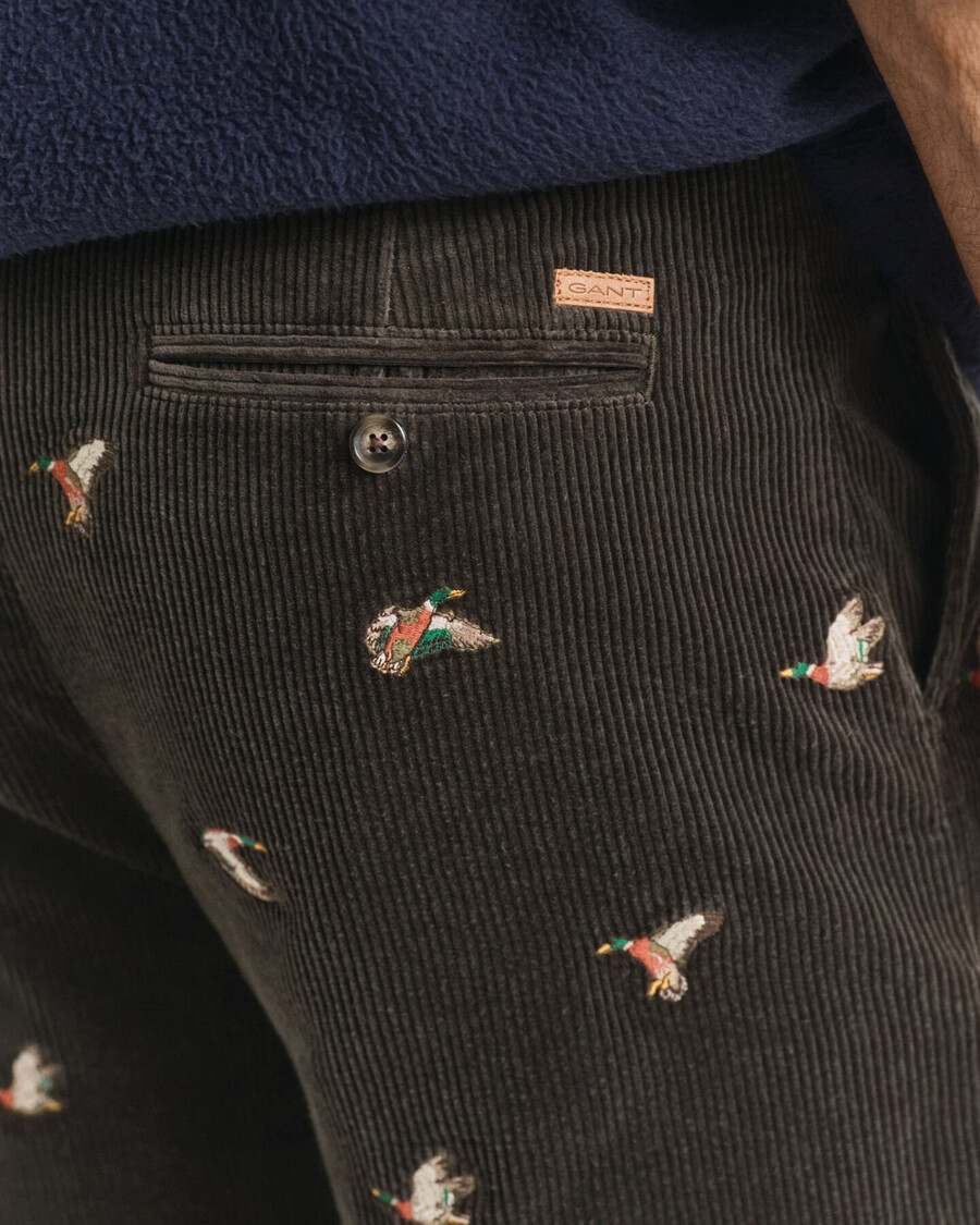 pantaloni din catifea reiată cu croială dreaptă brodați - verde mușchi închis