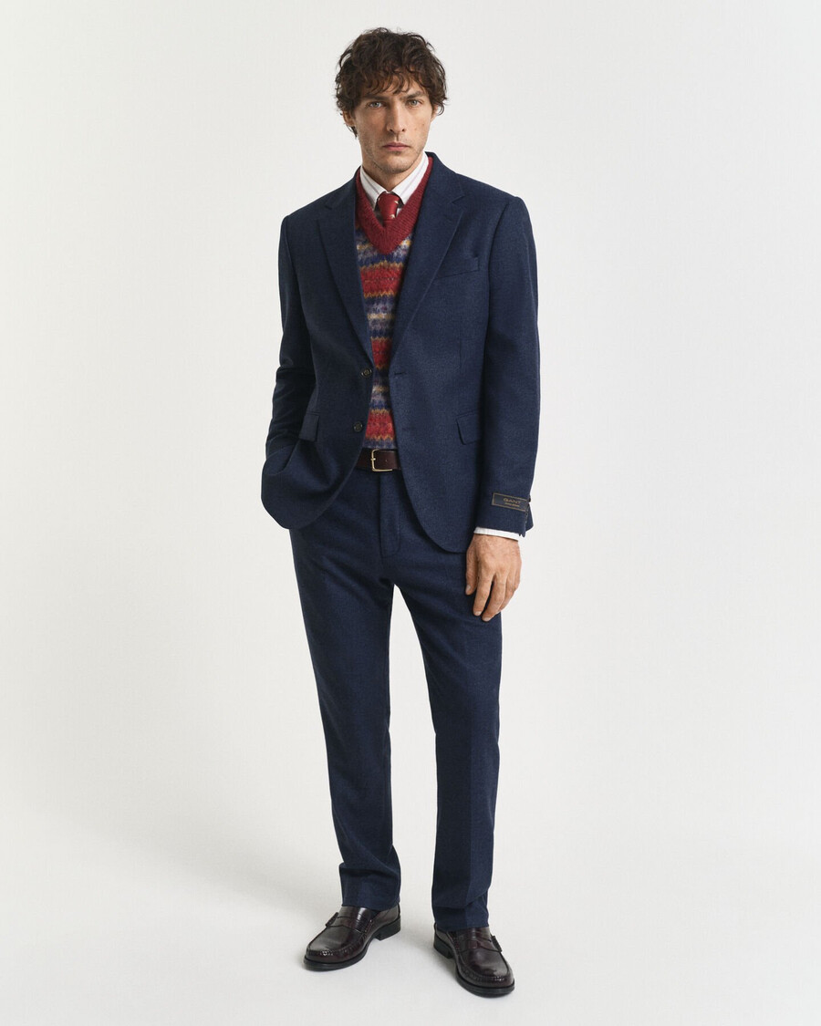 pantaloni de costum slim fit din flanel cu model herringbone - albastru seară