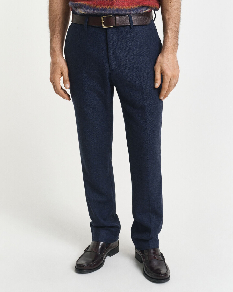 pantaloni de costum slim fit din flanel cu model herringbone - albastru seară