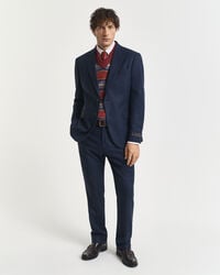pantaloni de costum slim fit din flanel cu model herringbone - albastru seară