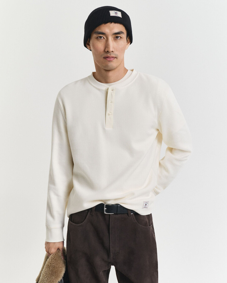 tricou henley cu mânecă lungă și textură waffle - crem