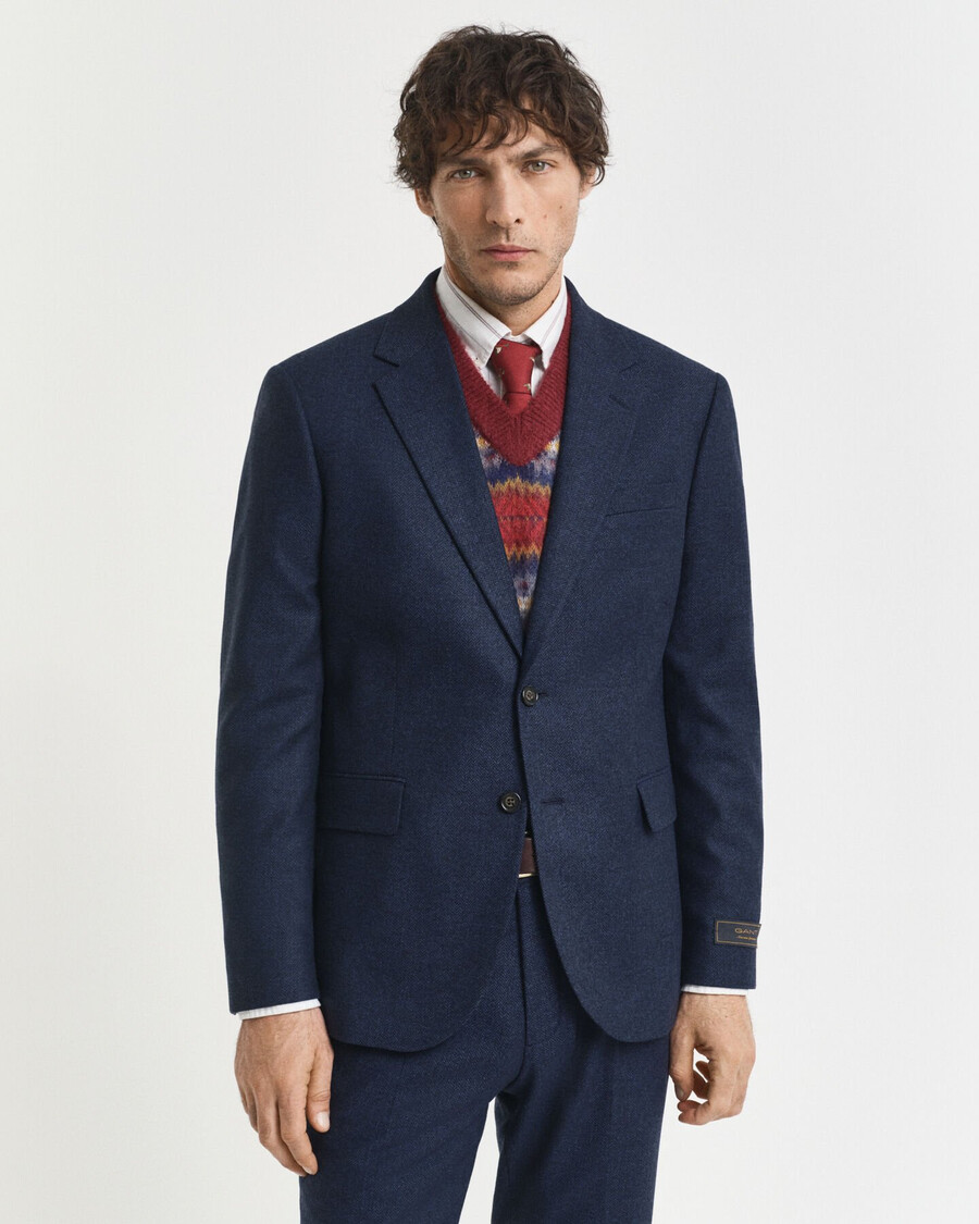 sacou de costum slim fit din flanel cu model herringbone - albastru de seară