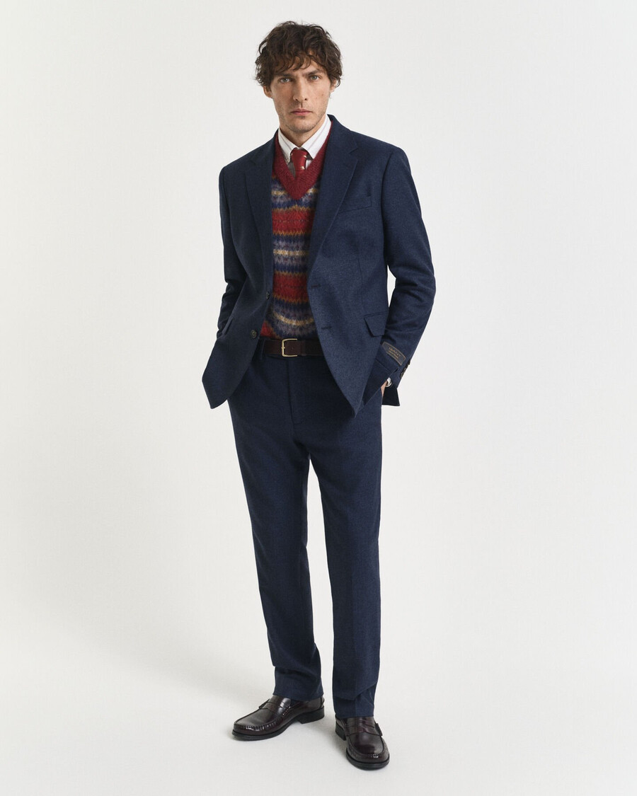 sacou de costum slim fit din flanel cu model herringbone - albastru de seară