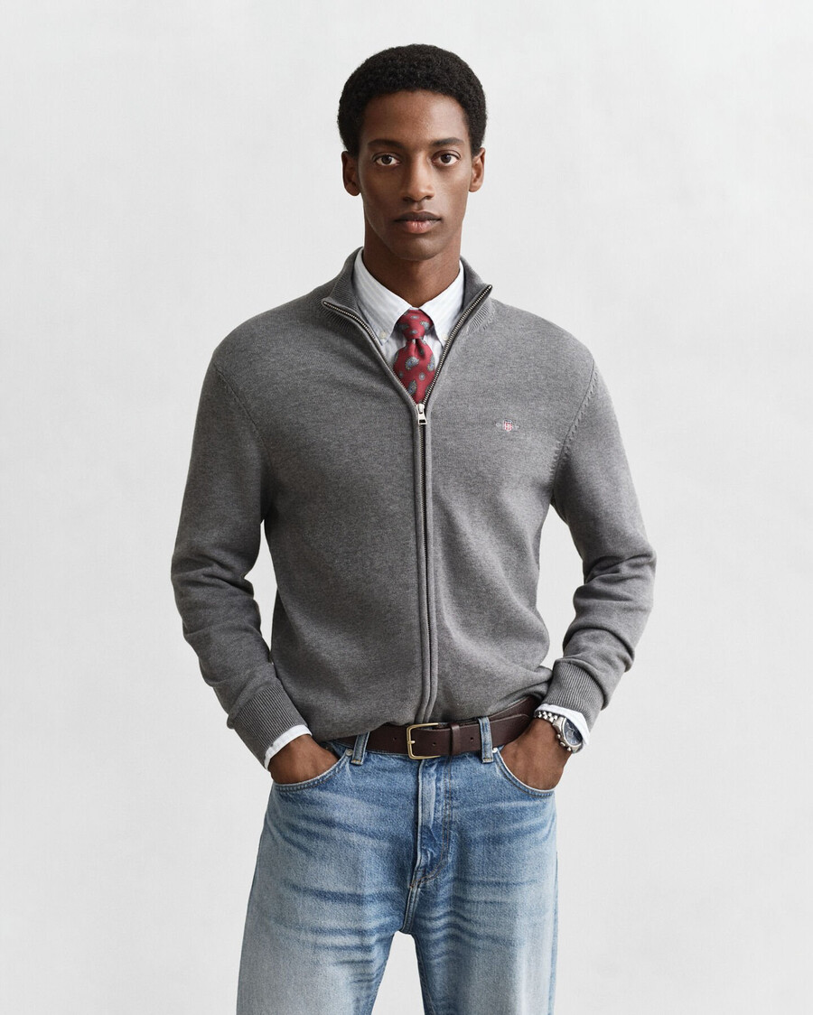 cardigan casual cu fermoar din bumbac - gri închis melanj