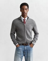 cardigan casual cu fermoar din bumbac - gri închis melanj
