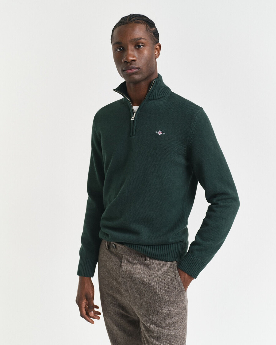 pulover casual din bumbac cu fermoar pe jumătate - verde tartan