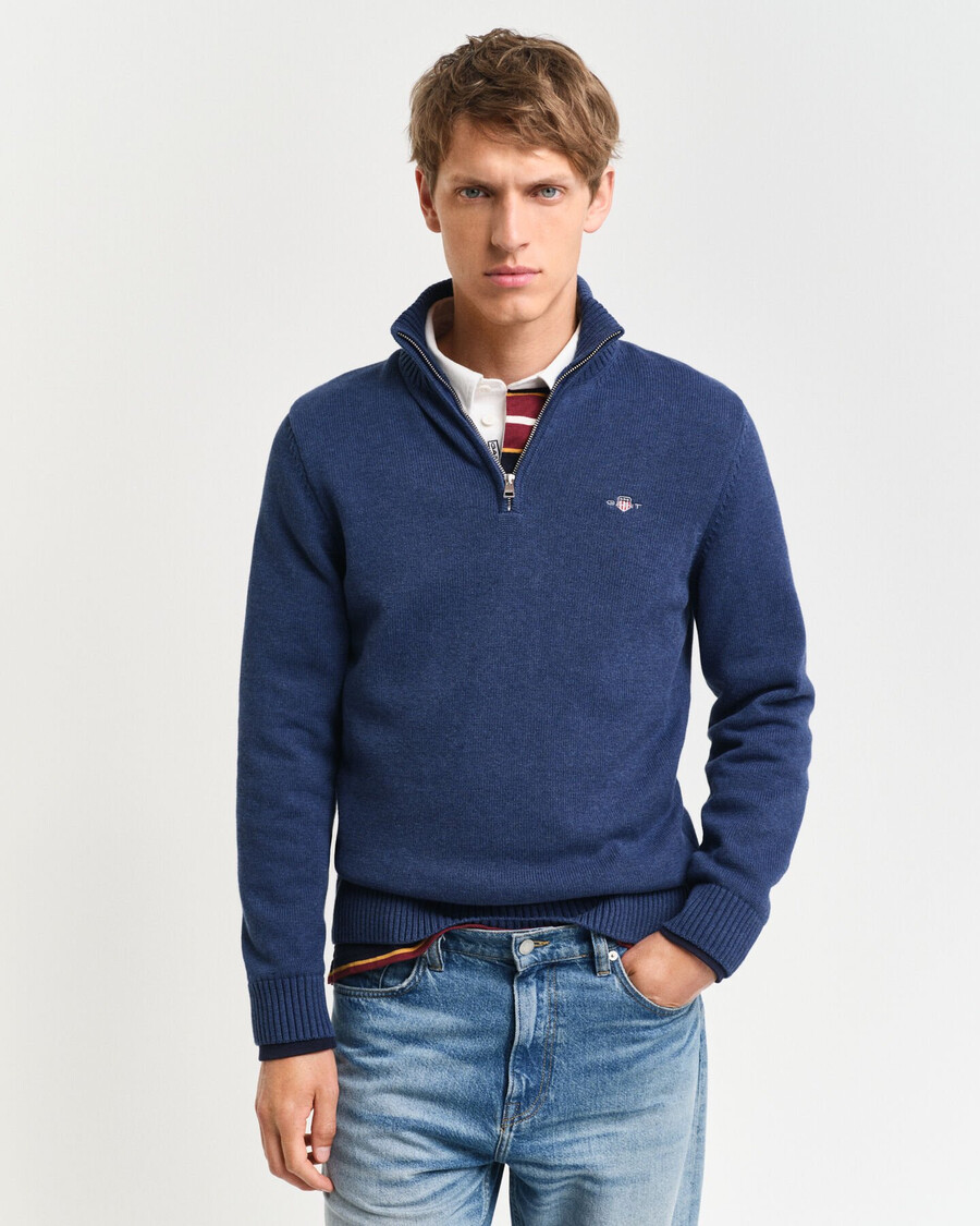 pulover casual din bumbac cu fermoar pe jumătate - dk jeansblue melange