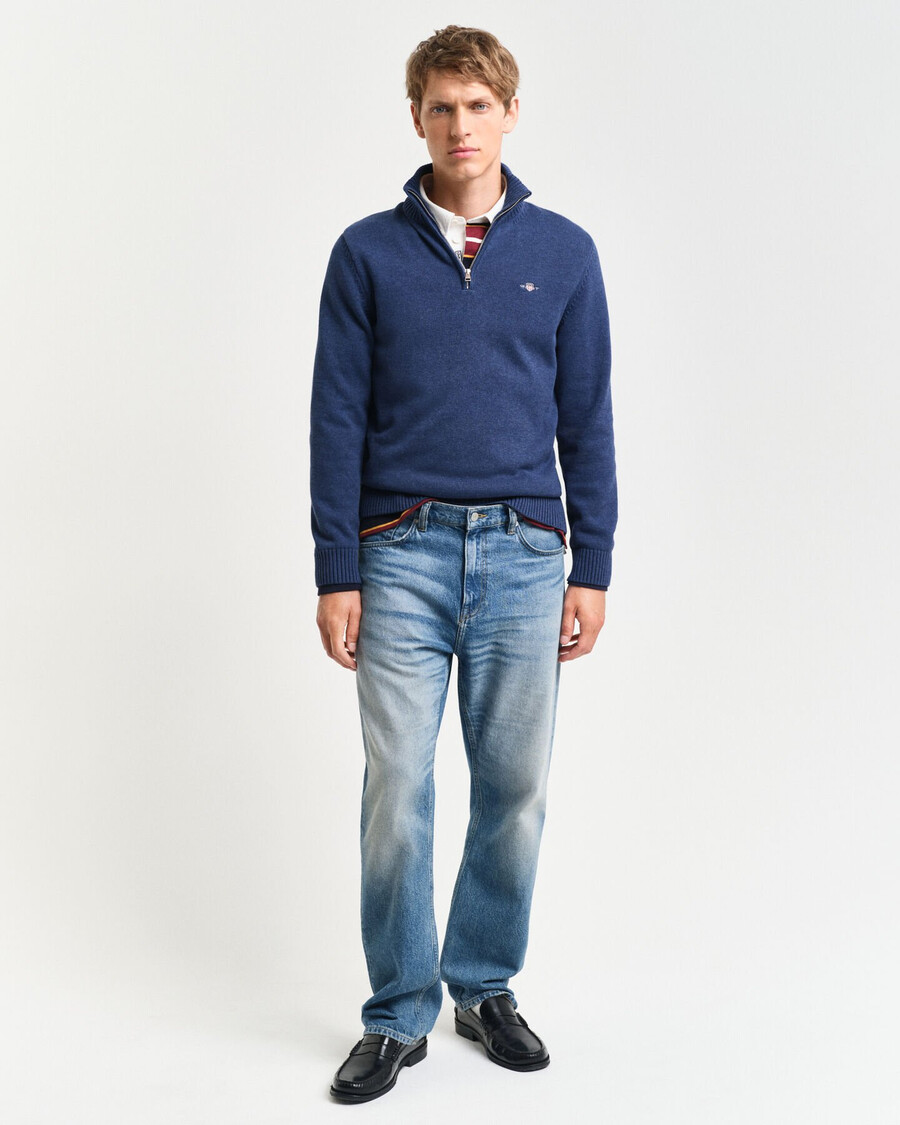 pulover casual din bumbac cu fermoar pe jumătate - dk jeansblue melange
