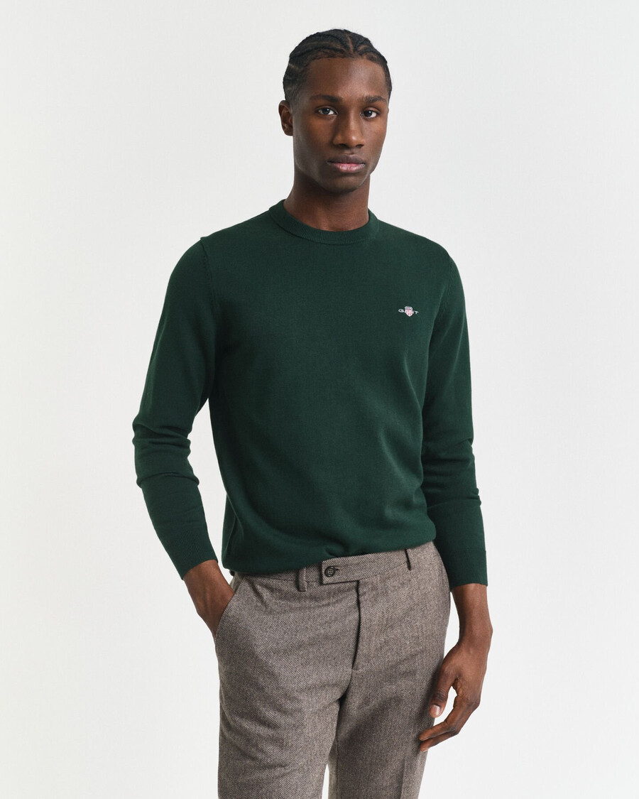pulover clasic din bumbac cu guler rotund - verde tartan