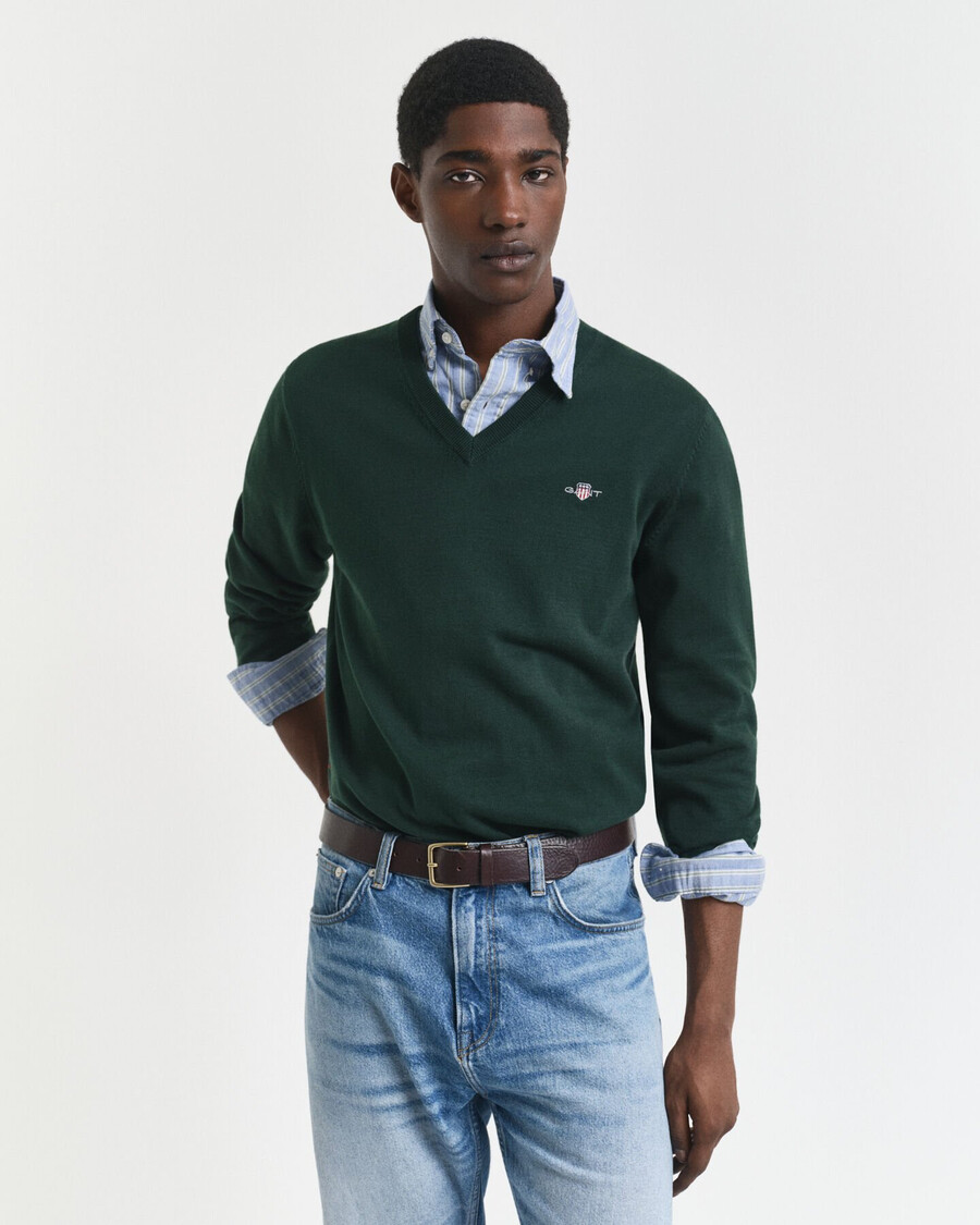 pulover clasic din bumbac cu guler în v - verde tartan