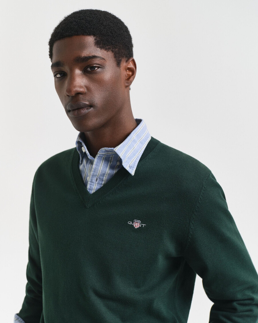 pulover clasic din bumbac cu guler în v - verde tartan