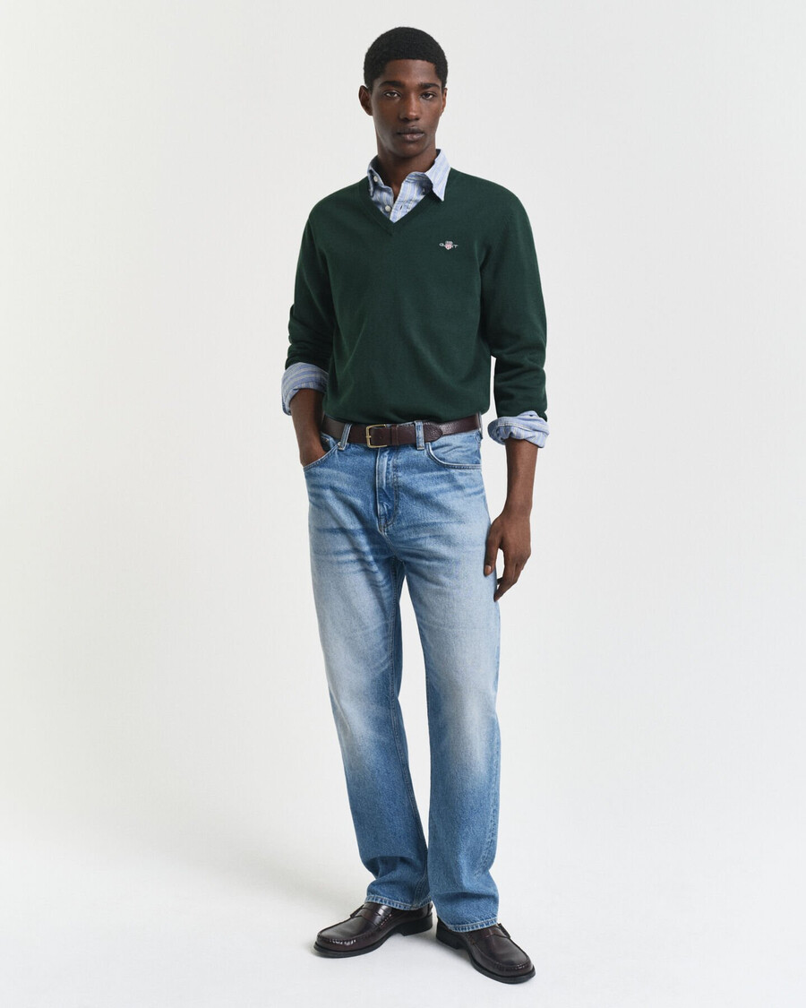 pulover clasic din bumbac cu guler în v - verde tartan