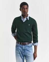 pulover clasic din bumbac cu guler în v - verde tartan