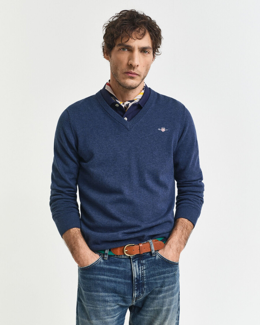 pulover clasic din bumbac cu guler în v - dk jeansblue melange