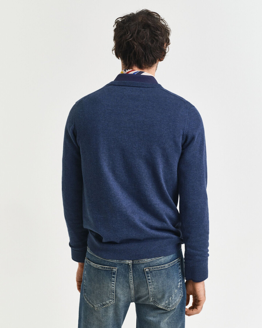 pulover clasic din bumbac cu guler în v - dk jeansblue melange
