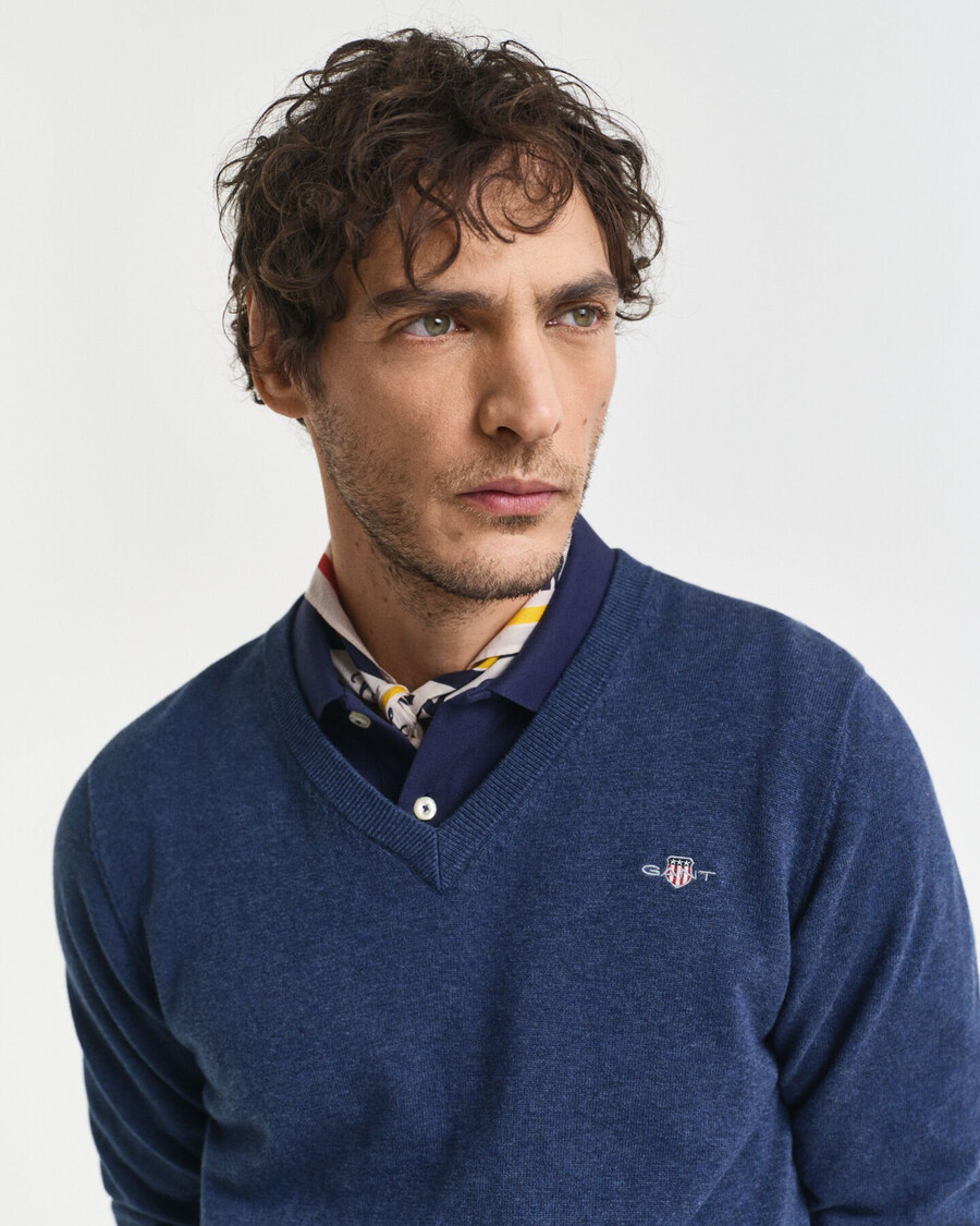 pulover clasic din bumbac cu guler în v - dk jeansblue melange