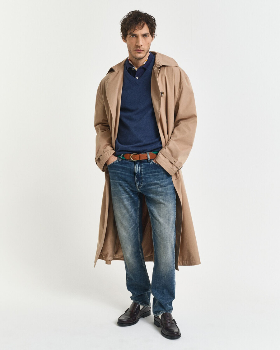 pulover clasic din bumbac cu guler în v - dk jeansblue melange