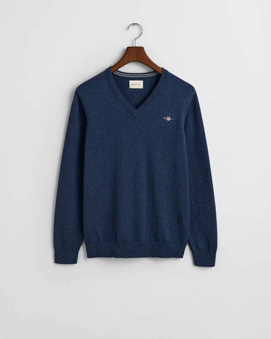 pulover clasic din bumbac cu guler în v - dk jeansblue melange