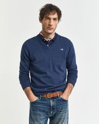 pulover clasic din bumbac cu guler în v - dk jeansblue melange