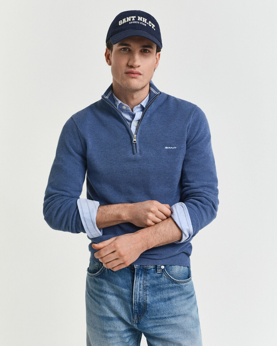pulover din bumbac piqué cu fermoar pe jumătate - denim blue melange