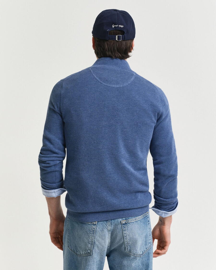 pulover din bumbac piqué cu fermoar pe jumătate - denim blue melange