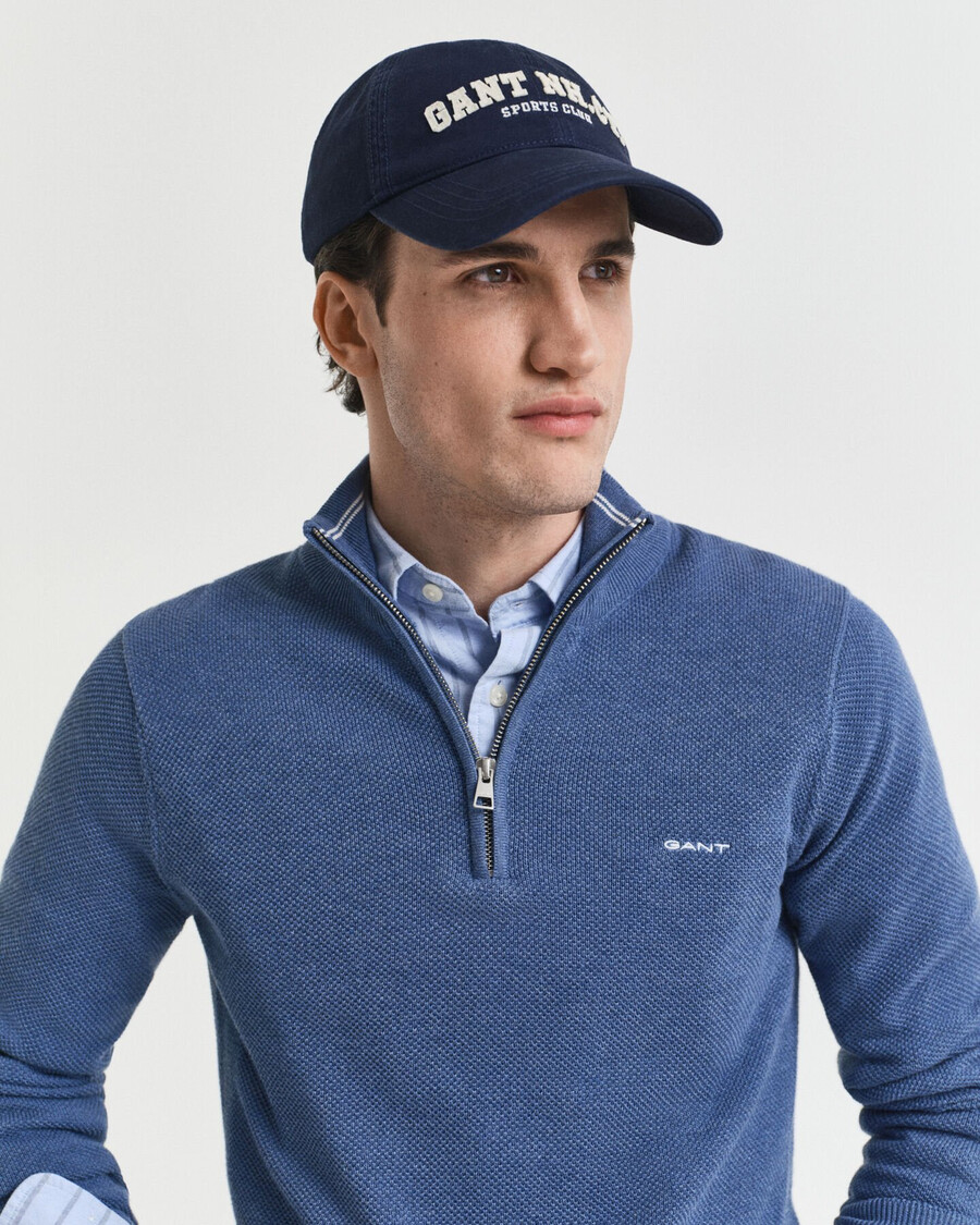 pulover din bumbac piqué cu fermoar pe jumătate - denim blue melange