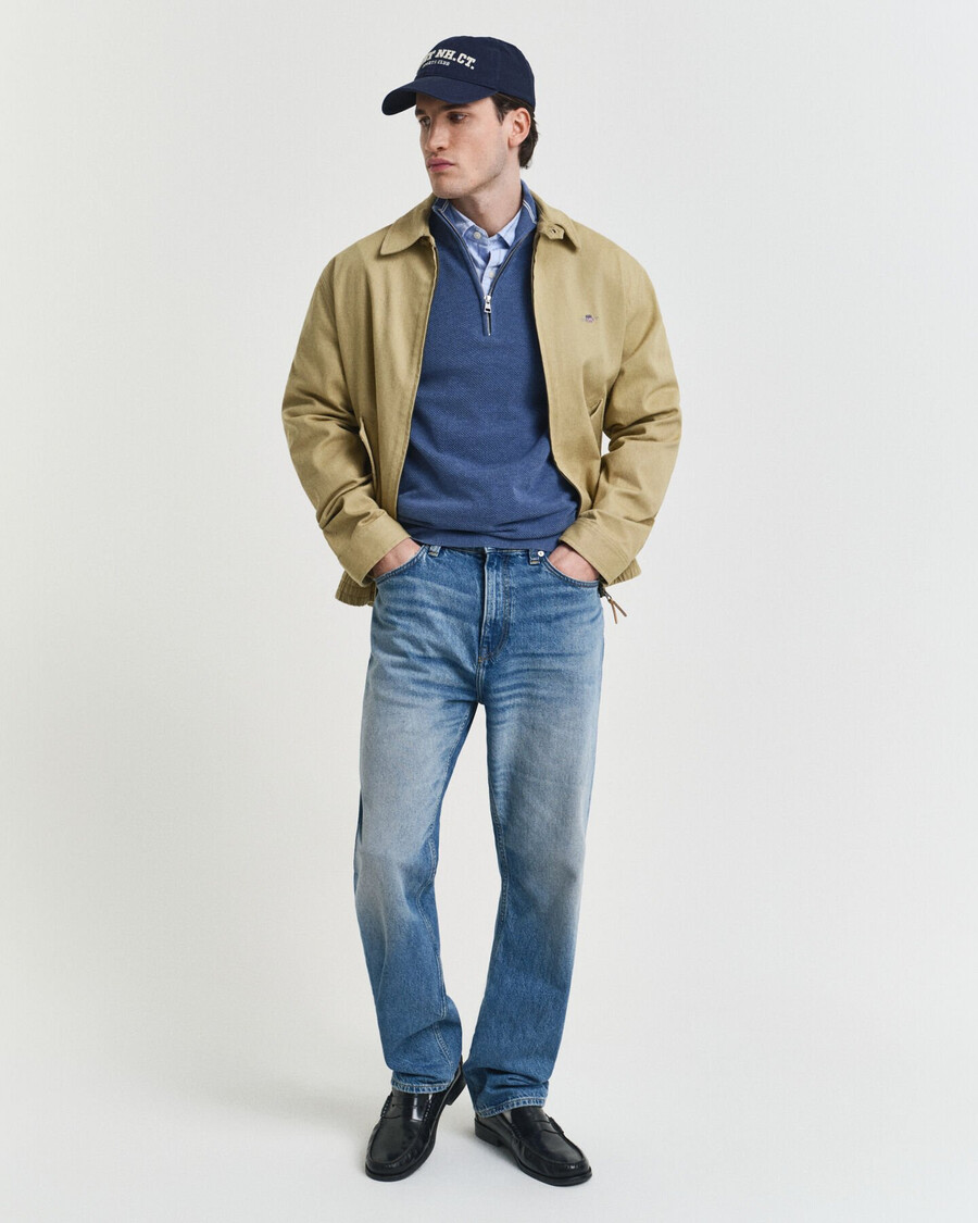 pulover din bumbac piqué cu fermoar pe jumătate - denim blue melange