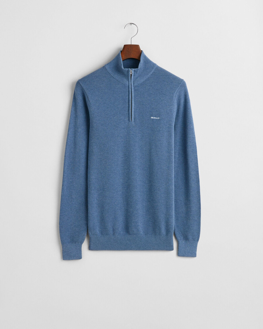 pulover din bumbac piqué cu fermoar pe jumătate - denim blue melange