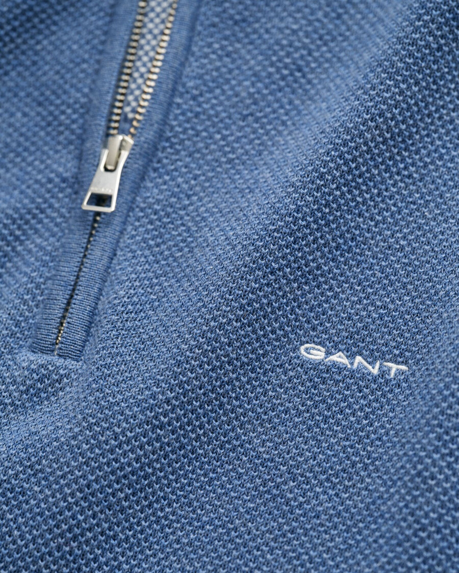pulover din bumbac piqué cu fermoar pe jumătate - denim blue melange