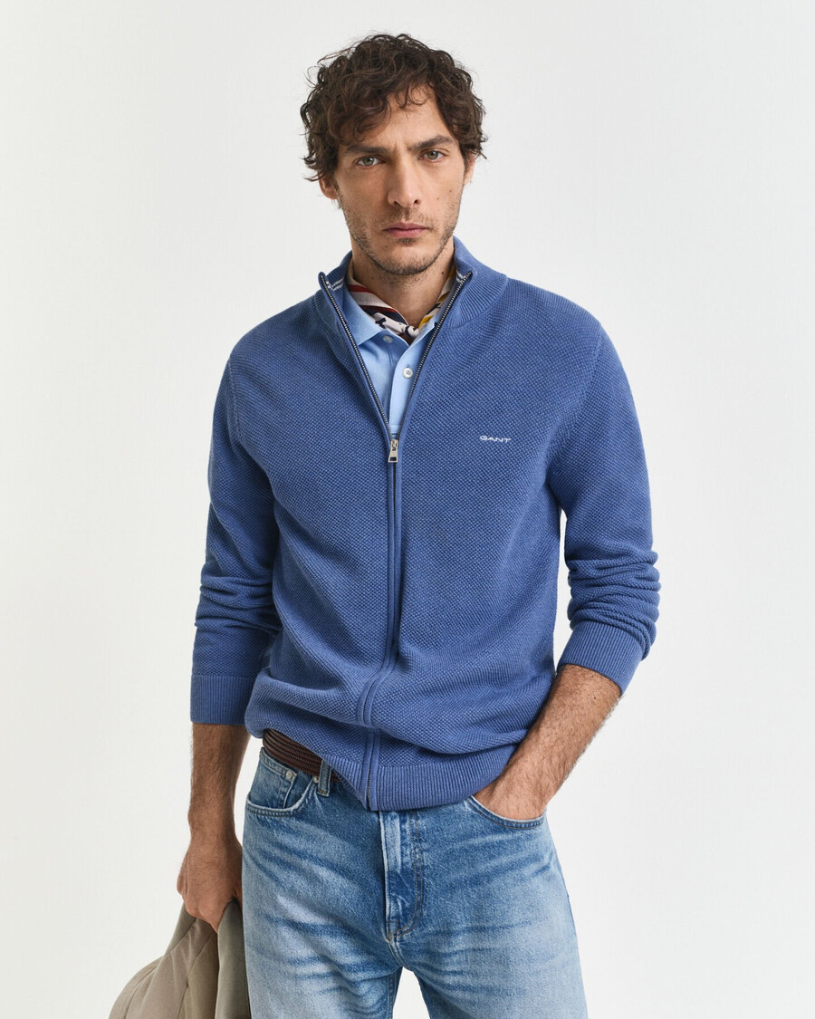 cardigan cu fermoar din bumbac piqué - denim blue melange