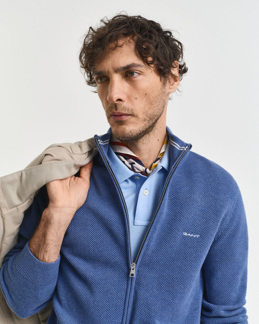 cardigan cu fermoar din bumbac piqué - denim blue melange