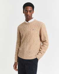 pulover cu guler rotund din lână de miel tricotat cu împletitură - khaki melange