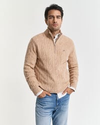 pulover din lână de miel tricotat cu împletitură și fermoar pe jumătate - khaki melange