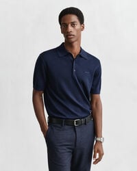 pulover polo cu mânecă scurtă din lână merino extrafină - bleumarin