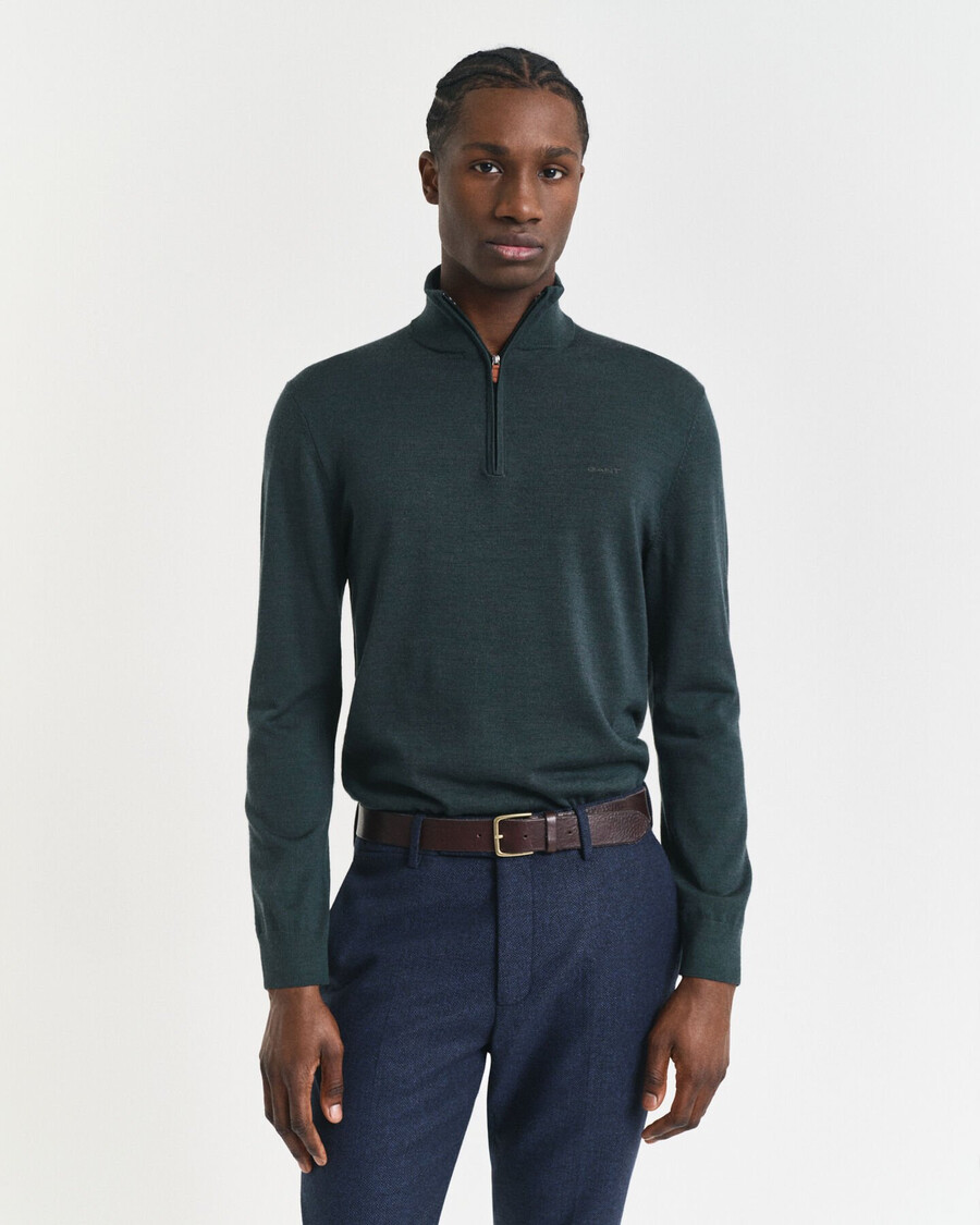 pulover cu fermoar pe jumătate din lână merinos extrafină - verde tartan