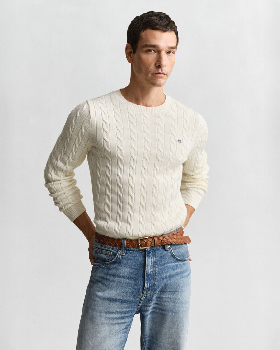 pulover cu guler rotund din bumbac tricotat - crem