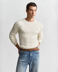 pulover cu guler rotund din bumbac tricotat - crem