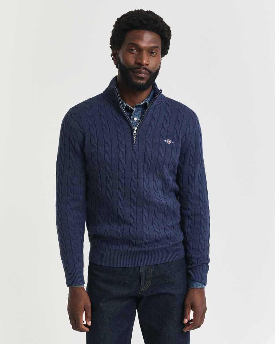 pulover din bumbac tricotat cu fermoar pe jumătate - dk jeansblue melange
