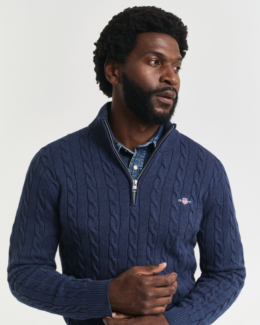 pulover din bumbac tricotat cu fermoar pe jumătate - dk jeansblue melange