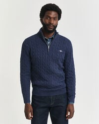 pulover din bumbac tricotat cu fermoar pe jumătate - dk jeansblue melange