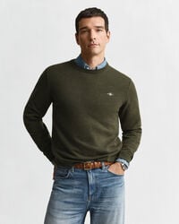 pulover cu guler rotund din lână de miel extrafină - verde kaki melanj