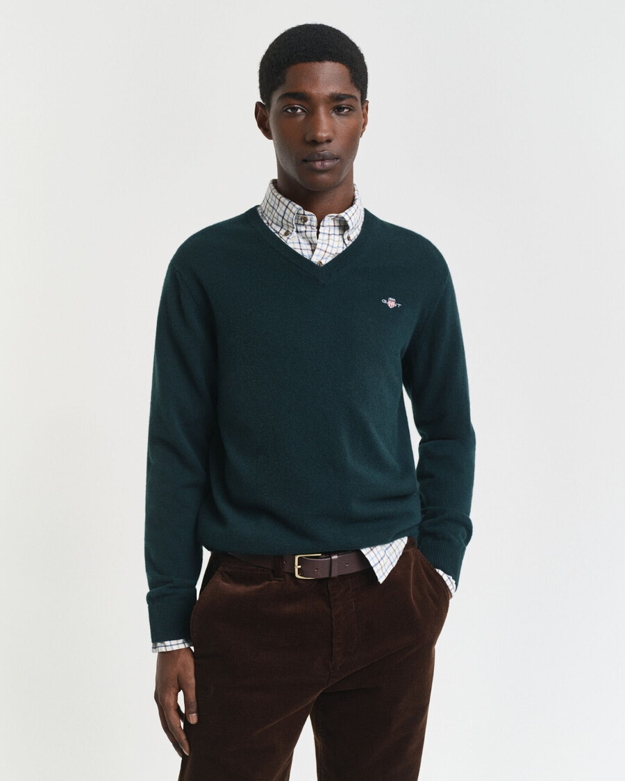 pulover superfine din lână de miel cu decolteu în v - verde tartan