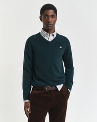 pulover superfine din lână de miel cu decolteu în v - verde tartan