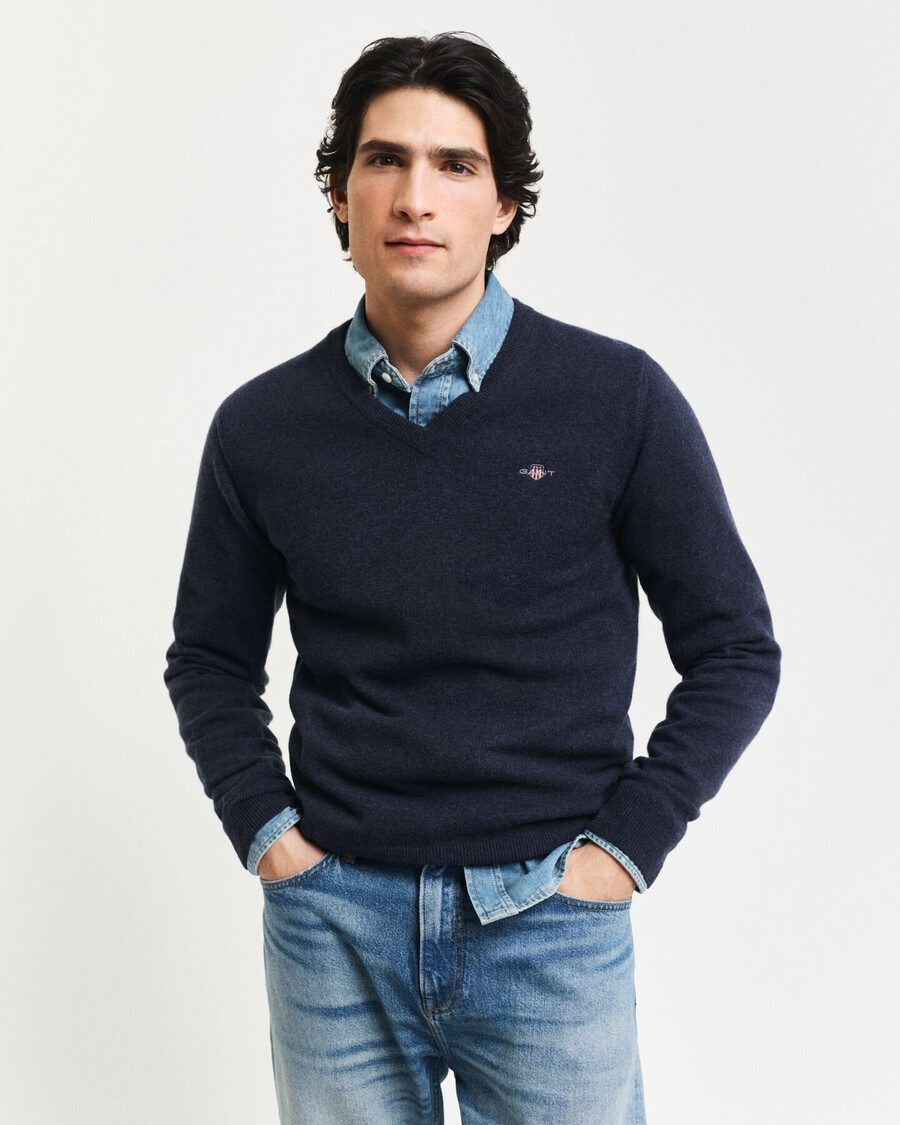 pulover superfine lambswool cu guler în v - bleumarin închis melange