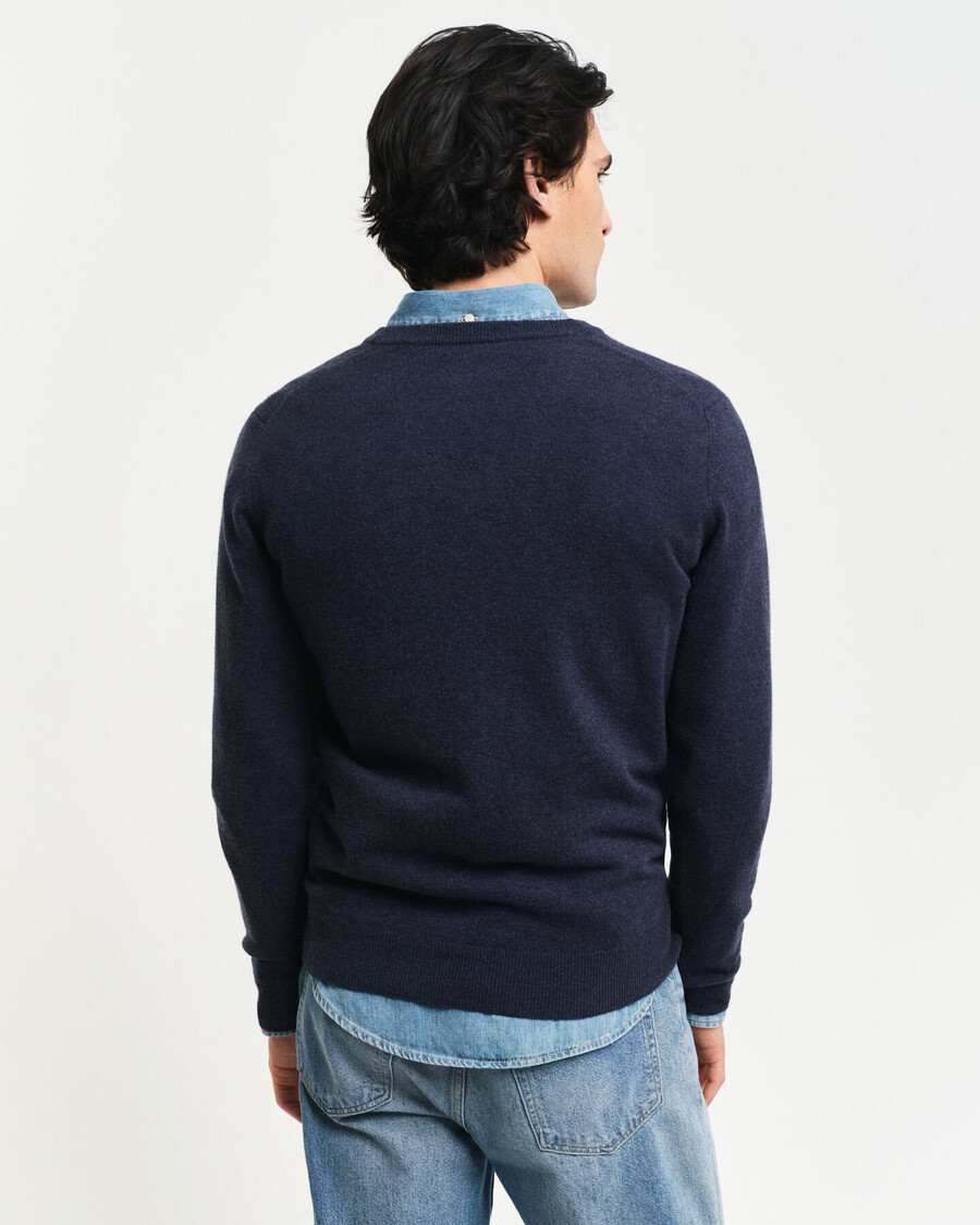 pulover superfine lambswool cu guler în v - bleumarin închis melange