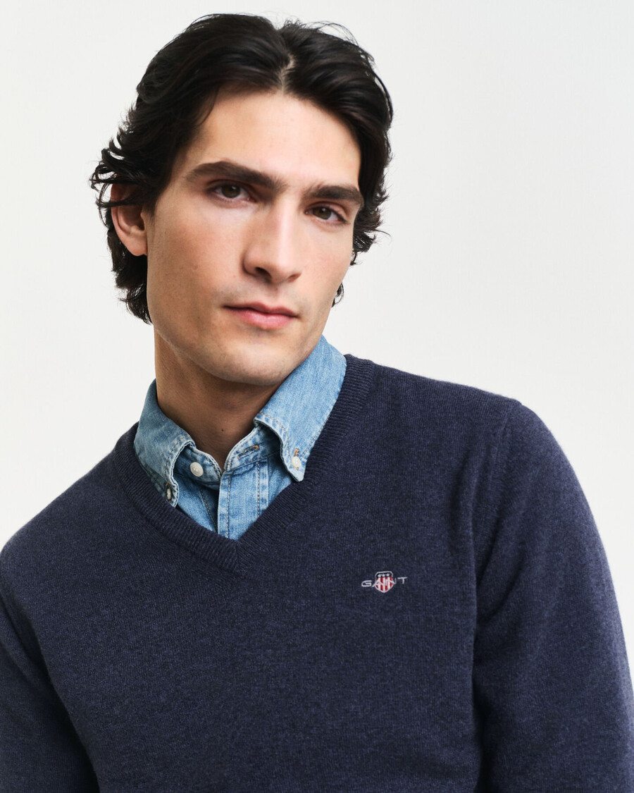 pulover superfine lambswool cu guler în v - bleumarin închis melange