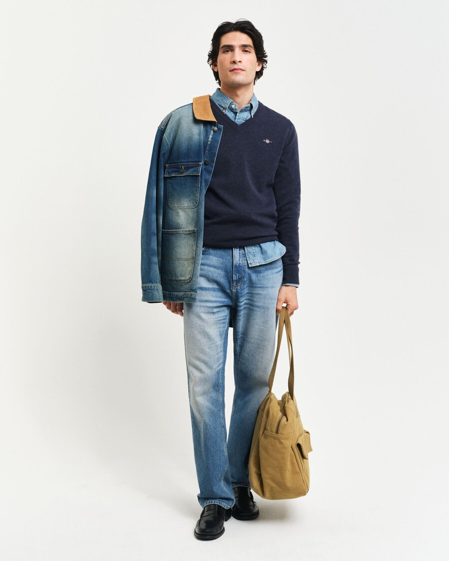 pulover superfine lambswool cu guler în v - bleumarin închis melange