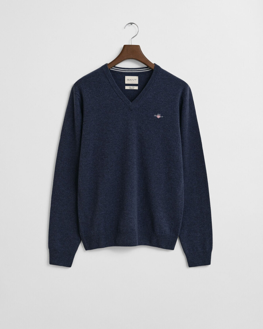 pulover superfine lambswool cu guler în v - bleumarin închis melange