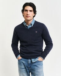 pulover superfine lambswool cu guler în v - bleumarin închis melange